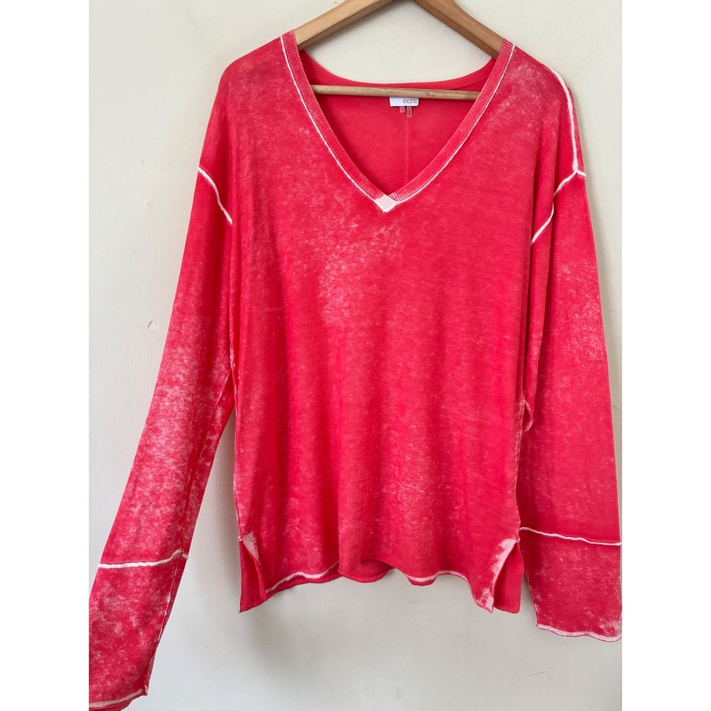 Ecru Womens V-Neck Long Sleeve Top Coral Pink Acid Wash Contrast Stitch L Grunge